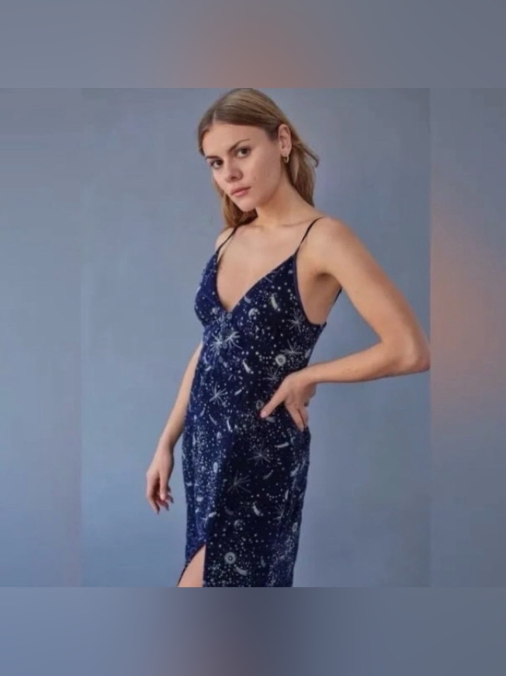 UO Rooftop Star Gazing Navy Celestial Velvet Slip Dress - V-Neck Spaghetti Strap
